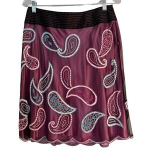 Kay Unger Women's Skirt Size 8 Burgundy Embroidered Beaded Paisley Sheer Lined